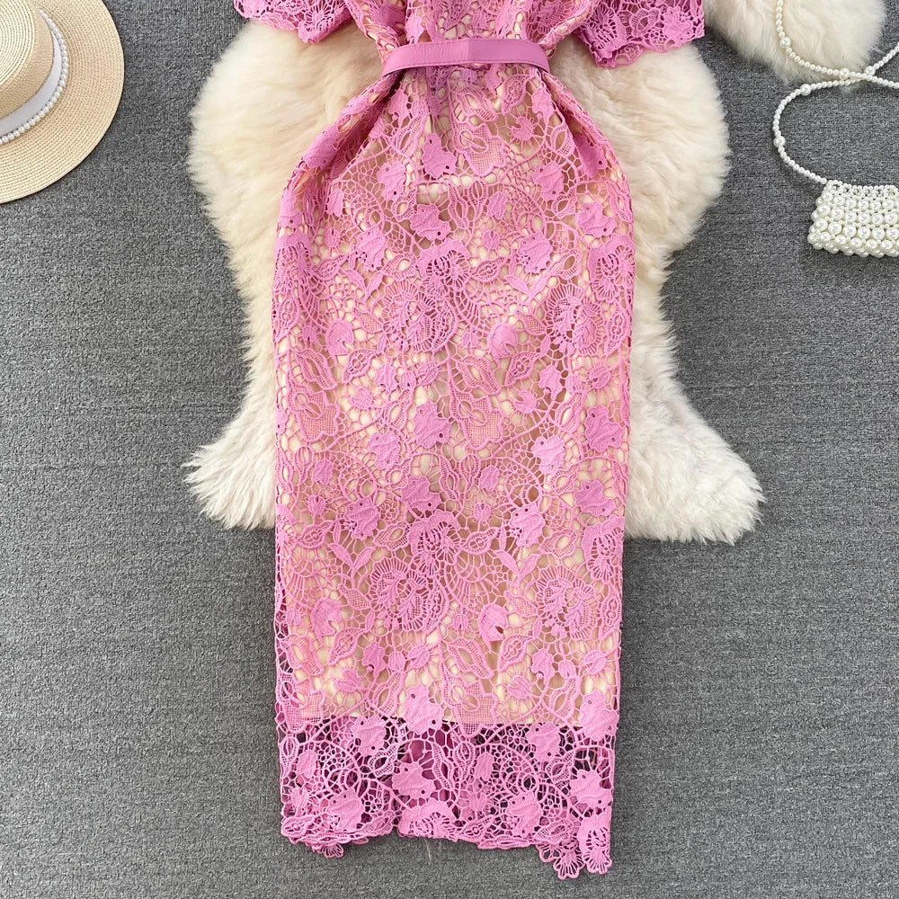 Floral Lace Dress V Neck High Waist Maxi Dresses