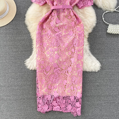 Floral Lace Dress V Neck High Waist Maxi Dresses