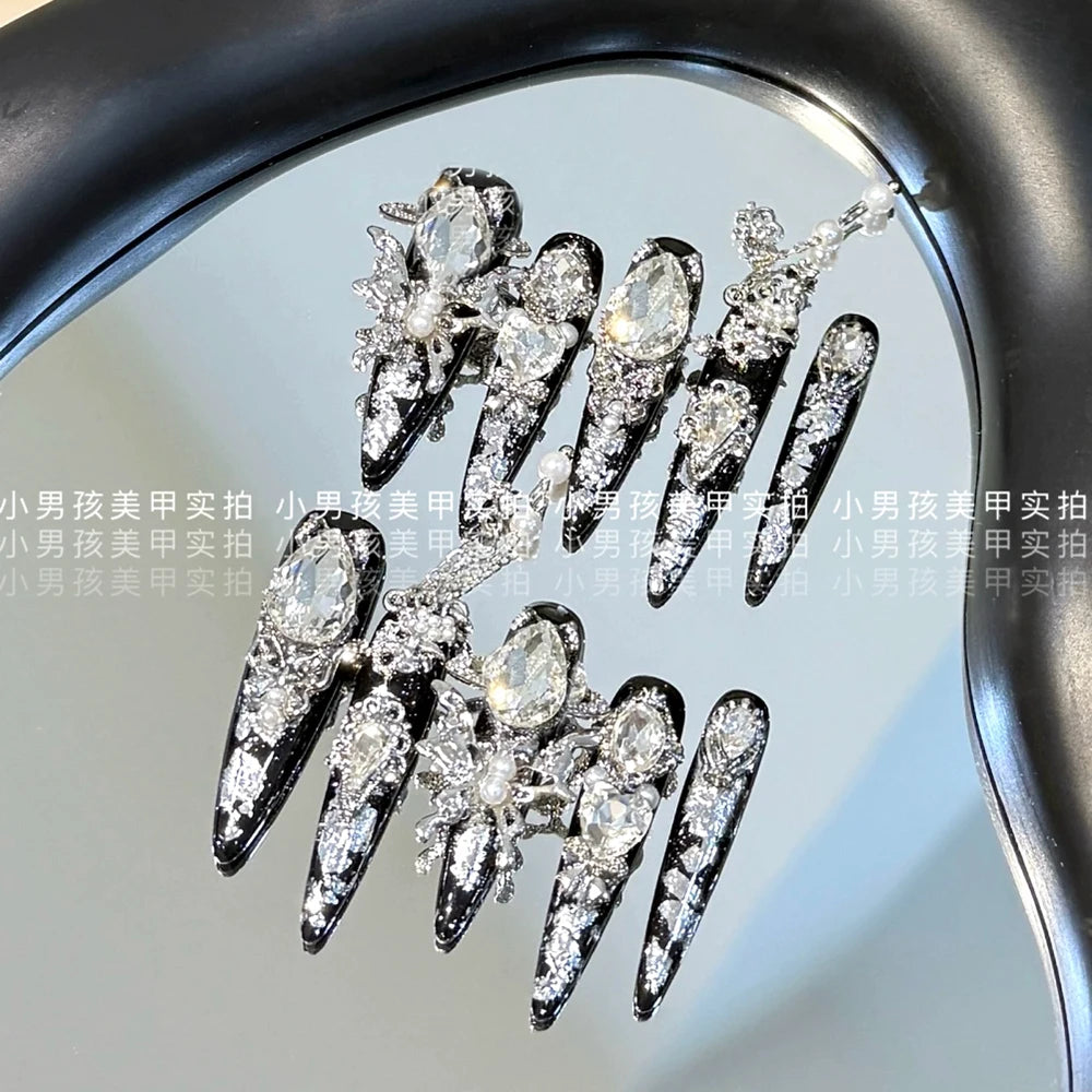 10Pcs Luxury Court Handmade Long Stiletto Full Cover Nails 3D Spice Girl Sparkling Diamond Bow Pearl Flowers Wearable Fake Nails
