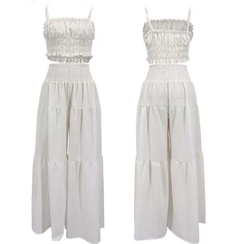 Solid Color Spaghetti Strap Tube Top + Wide Leg Pants