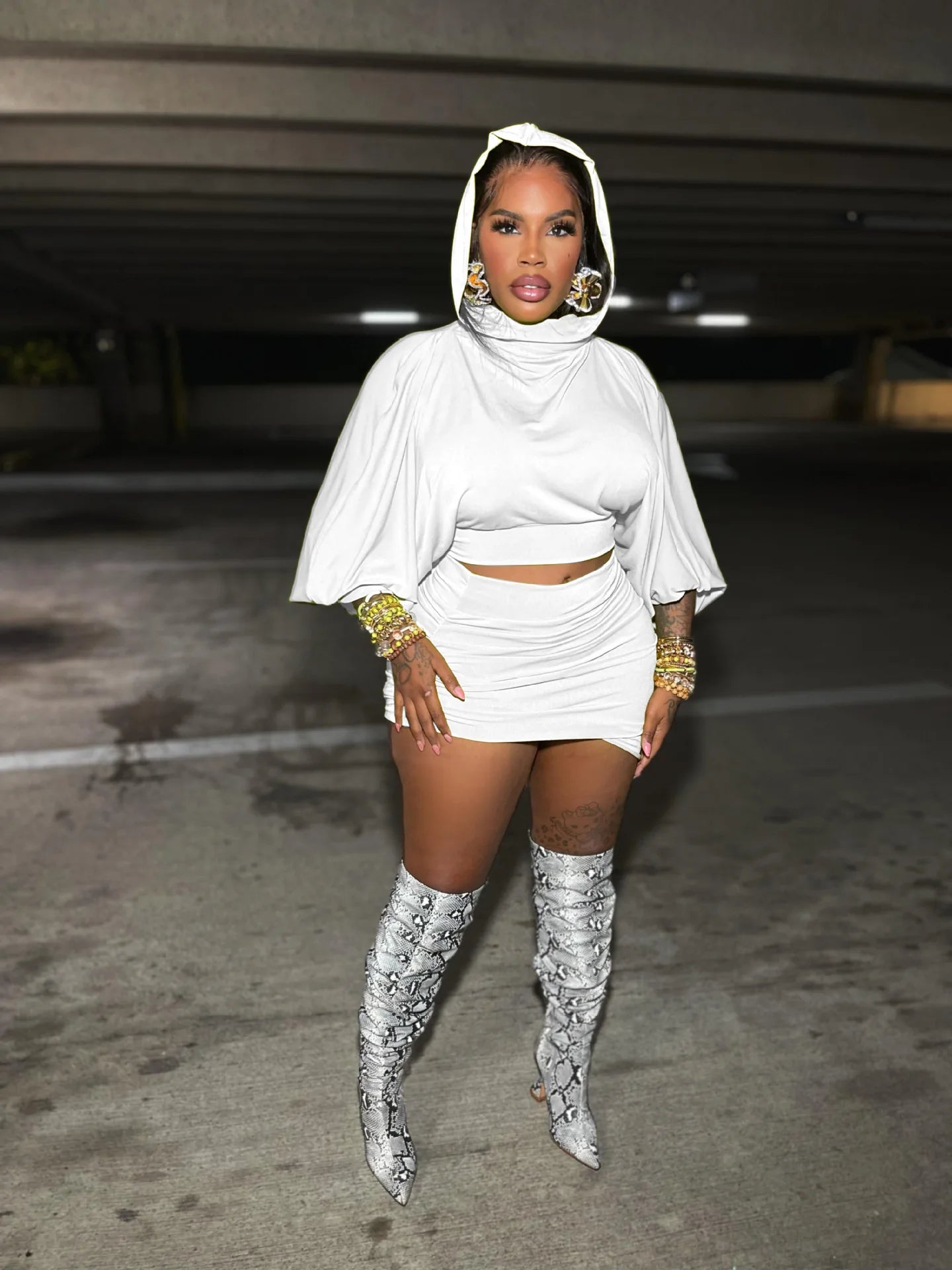 Lantern Sleeve Hooded Pullover Top + Ruched Bodycon Mini Skirt Set