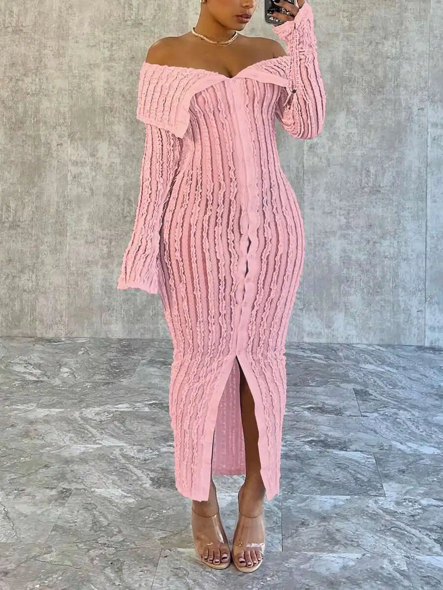 Pink Textured Off-Shoulder Knit Dresses with Front Split