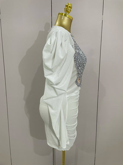 Luxury Sparkly Crystal White Velvet Mini Dresses