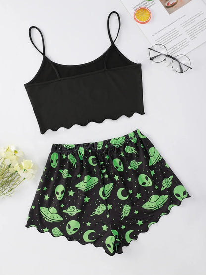 Alien Print Sling Pajamas Set (Top And Shorts)