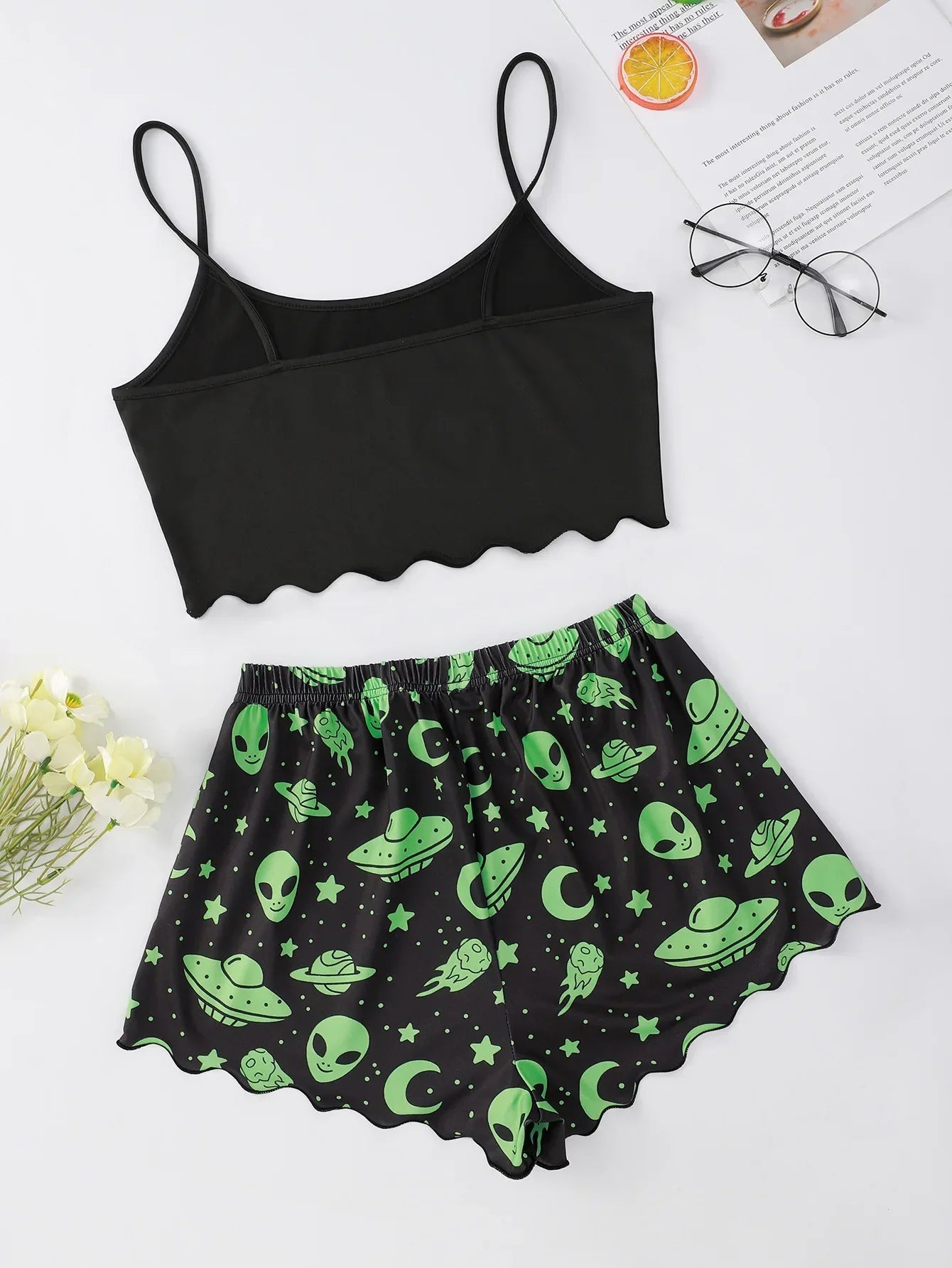 Alien Print Sling Pajamas Set (Top And Shorts)
