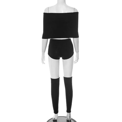 Weird Puss Summer 2 Piece Set Women Simple Trend Slash Neck Mid Sleeve Crop Tops+Shorts+Foot Cover Matching Streetwear Outfits