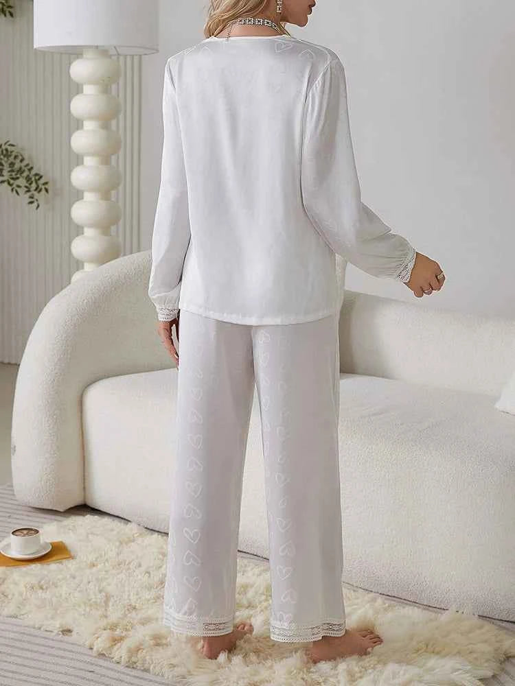 Satin Trousers + V-Neck Comfortable Jacquard Pajama Sets