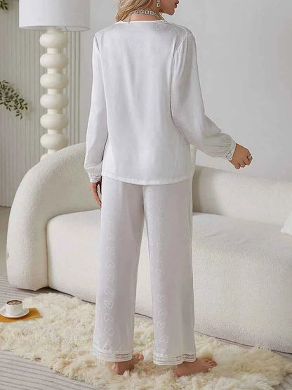 Satin Trousers + V-Neck Comfortable Jacquard Pajama Sets