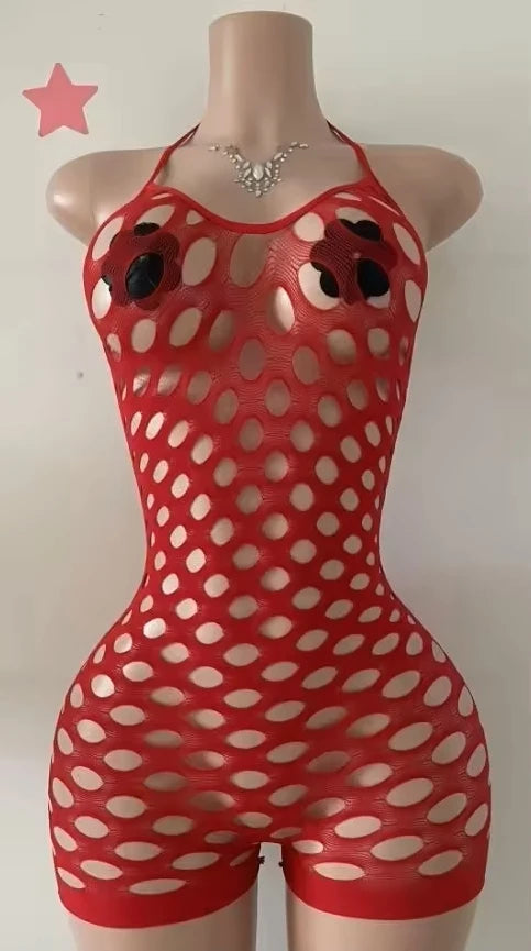 Hollow-out Rhinestone Patchwork Bodycon Halter Sleeveless Backless Lingerie