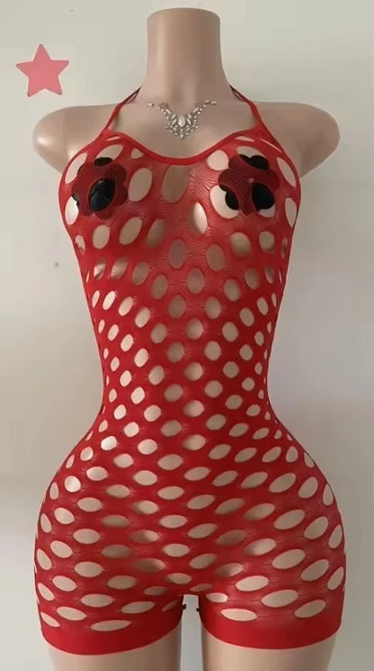 Hollow-out Rhinestone Patchwork Bodycon Halter Sleeveless Backless Lingerie