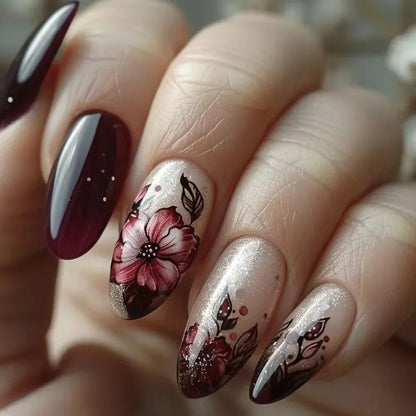 24Pcs Autumn Winter Matte Almond False Nails with Glue Rose Leaf Printing Nail Art Simple Full Cover Press on Acrylic Nails Tips