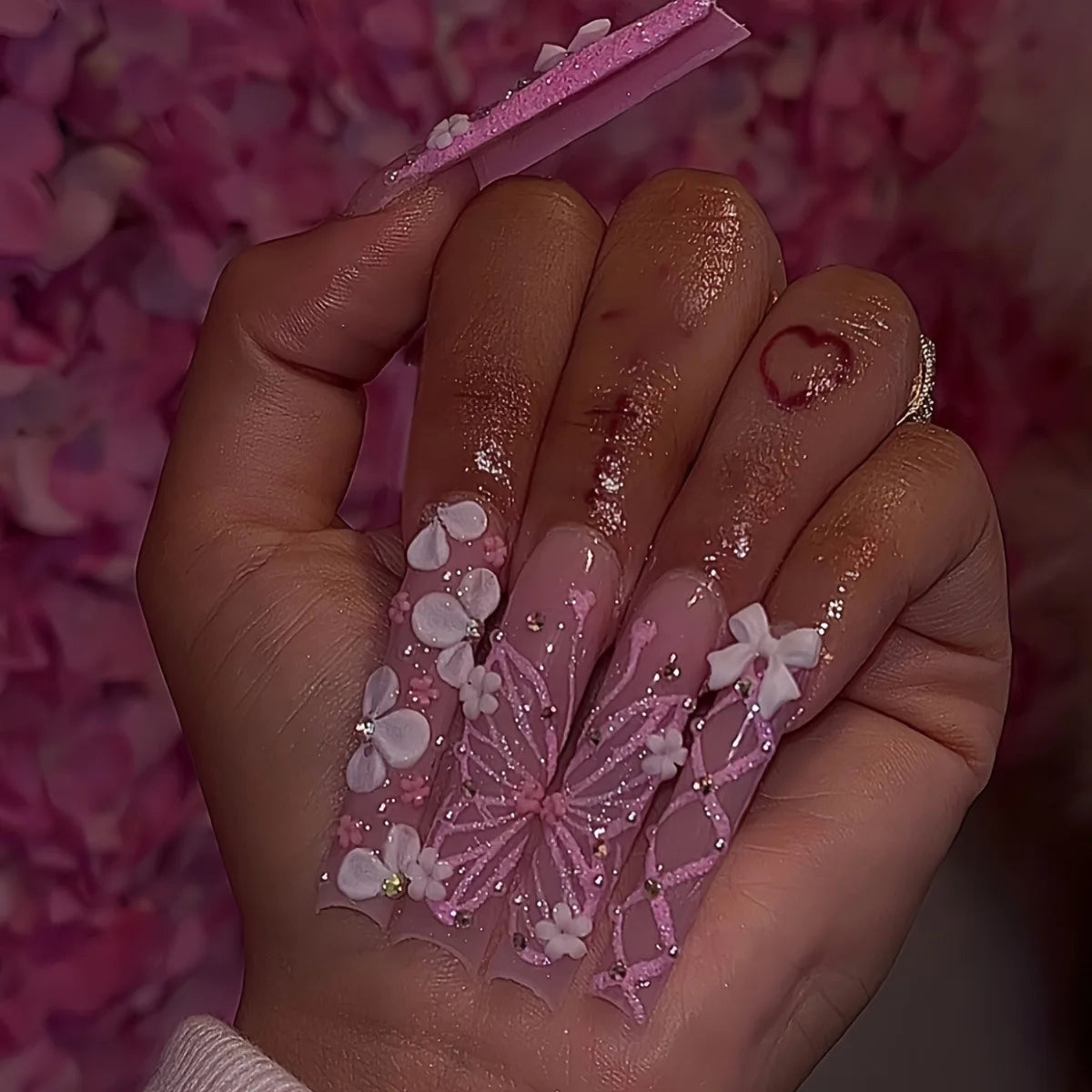 24Pcs Blue Long False Nails Butterfly Ballet French Cartoon  Wearable Fake Nails Full Cover Design Press on Nails Tips Art