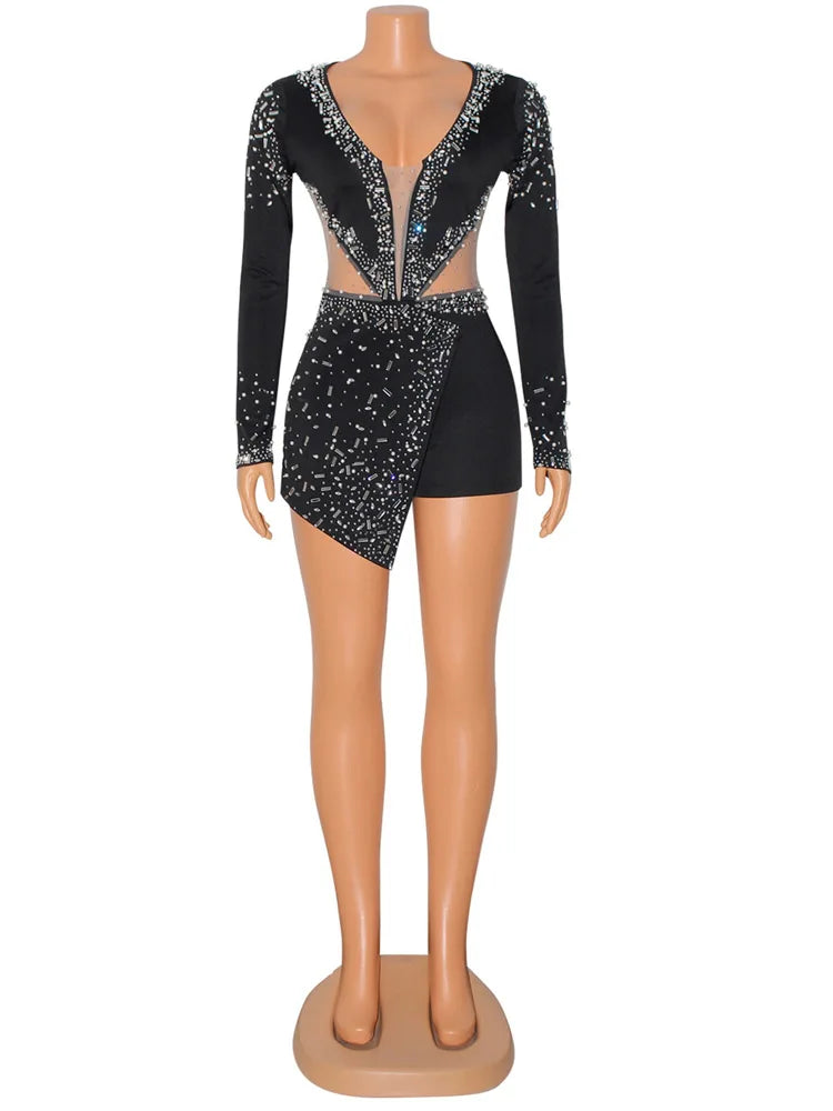 Regina V-Neck Mesh Rhinestone Skinny Long Sleeve Playsuits