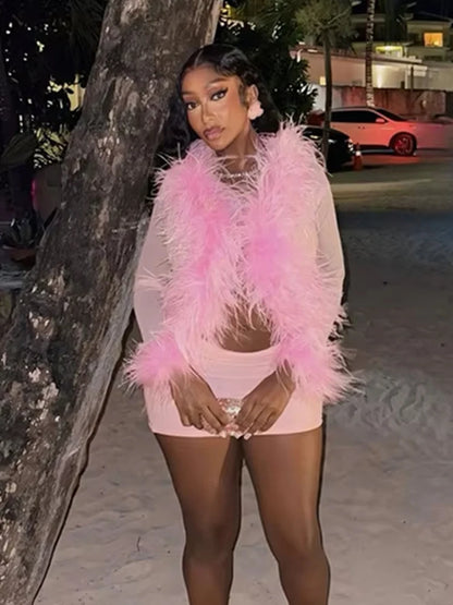 See Through Faux Fur Tops + Mini Hip Skirt Sets