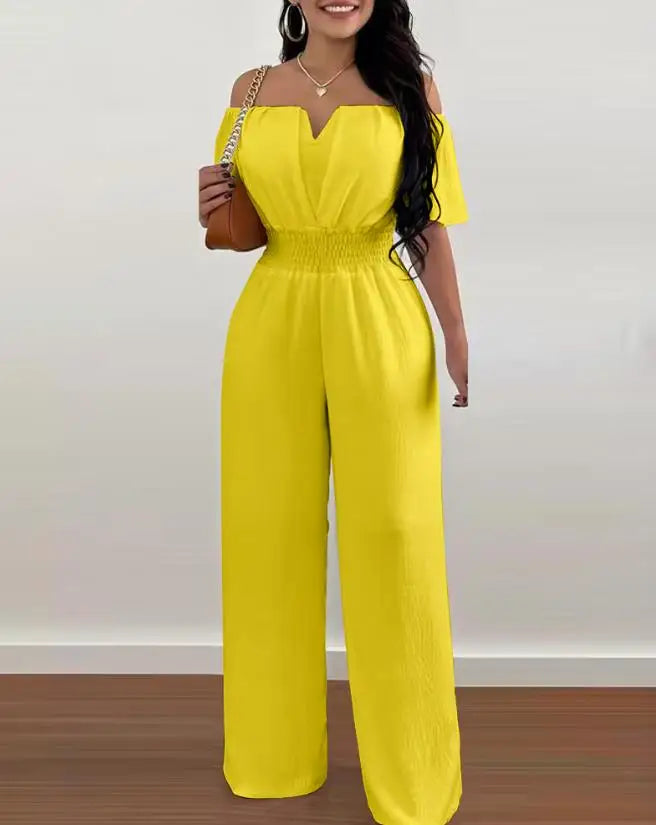 Fashion Off Shoulder Casual Plain Short Sleeve Shirred Waist Daily Long Wide Leg Jumpsuit