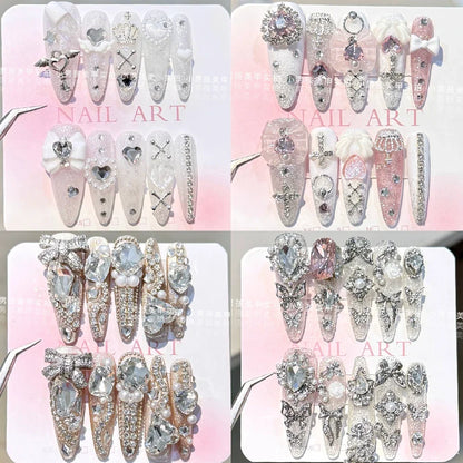 10Pcs Luxury Court Handmade Long Stiletto Full Cover Nails 3D Spice Girl Sparkling Diamond Bow Pearl Flowers Wearable Fake Nails