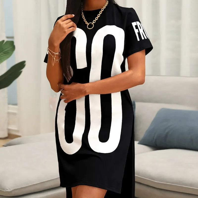 Veronica's Round Neck Short Sleeve Letter Printed T-Shirt Mini Dress