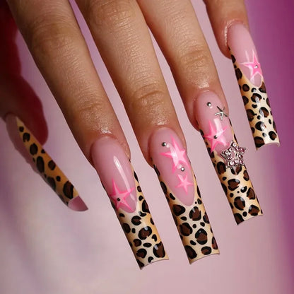 24Pcs Long Square Press on Nails Leopard Print French 3D Cherry Design False Nail Rhinestone Wearable Full Cover Fake Nails Tips