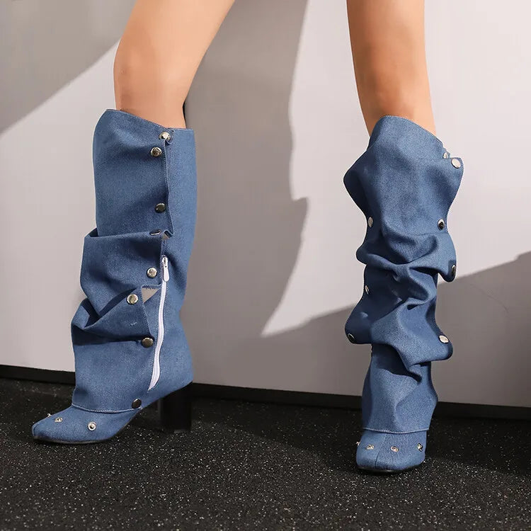 Enashua Denim Square Toe Detachable Rivets 7cm Thick Heel and Knee Length Boots