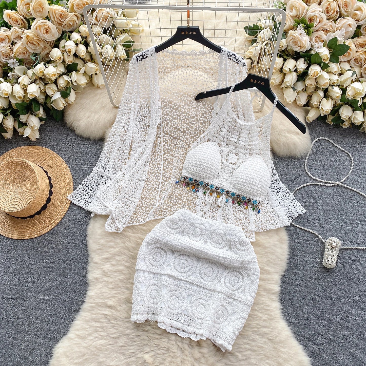 Halter Sleeveless Mini Camis + Hollow Out Cardigan + Elastic Waist Slim Skirt Vintage Swim Sets