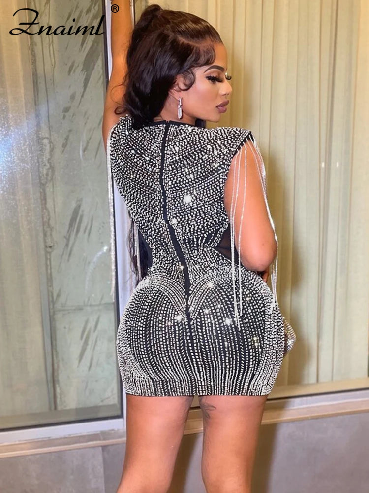 Luxury Mesh Sheer Patchwork Sparkly Night Club Party Prom Dresses for Women Crystal Diamonds Rhinestone Birthday Vestidos