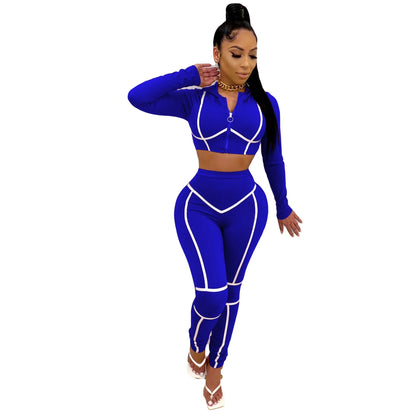 Striped Bandage Full Sleeve O-neck + Pant Sport Sets