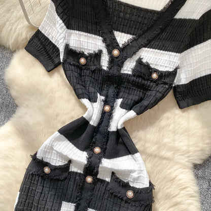 Chic Knitted Slim Waist Office Lady Sweater Maxi Dresses
