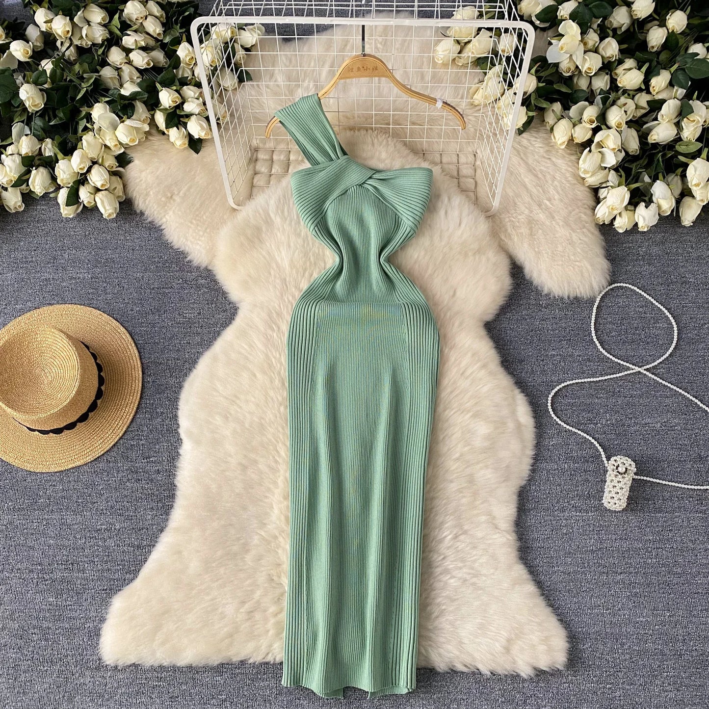 Single Shoulder Ink Knit Dress Backless Tank Striped Slim Bodycon Sundress Women Summer Beachwear Sexy Chic Vestidos