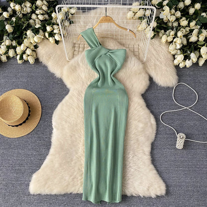 Single Shoulder Ink Knit Dress Backless Tank Striped Slim Bodycon Sundress Women Summer Beachwear Sexy Chic Vestidos