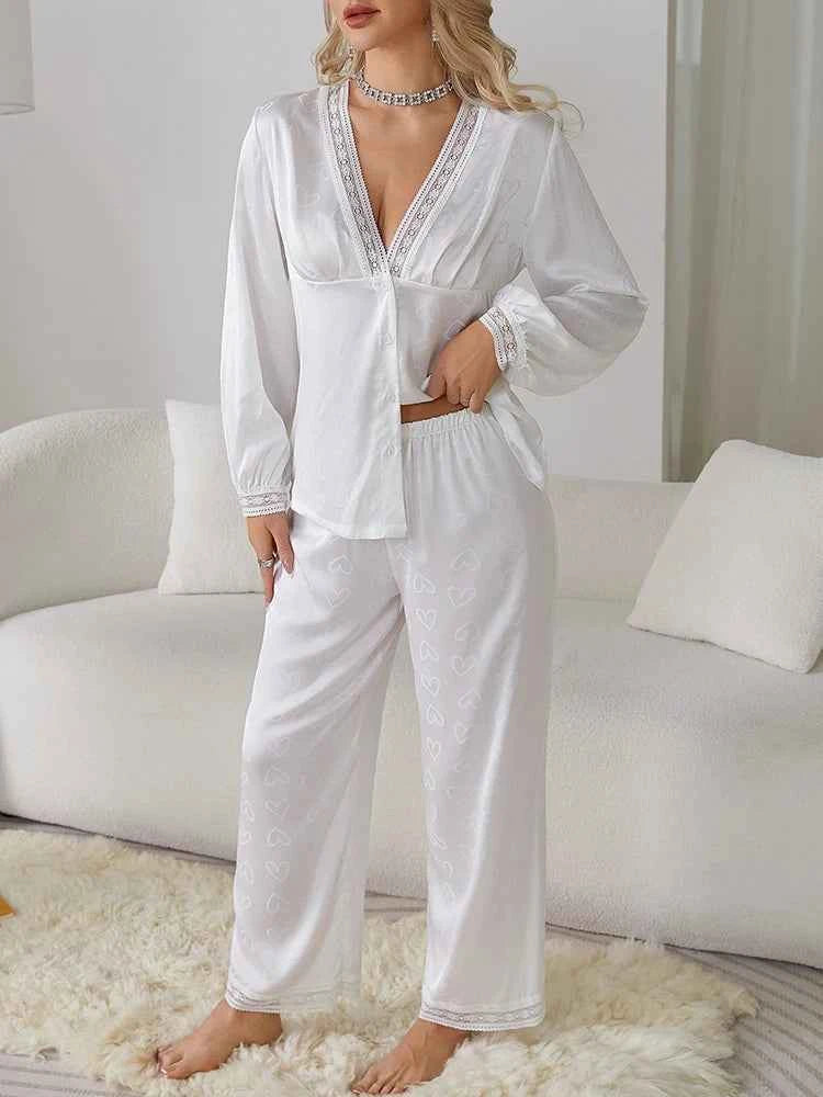 Satin Trousers + V-Neck Comfortable Jacquard Pajama Sets