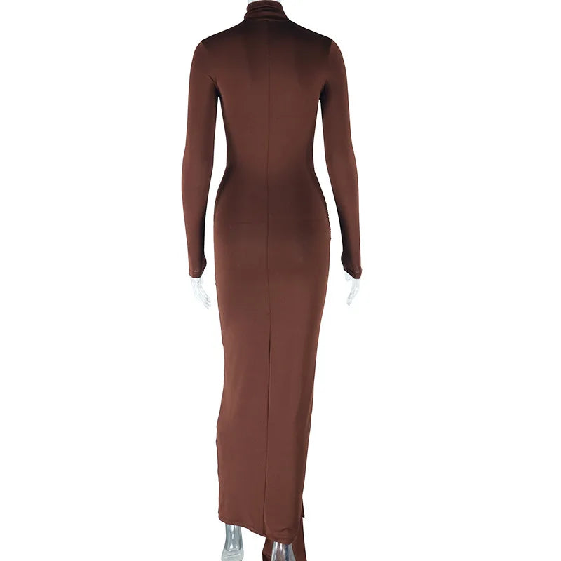 Bezel High Collar Long Sleeve Bandage Ruched Hip Maxi Long Dresses