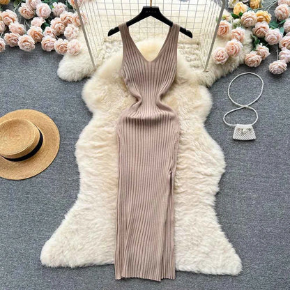 Chic Fashion Sexy Wrap Hips Split Knitted Slim Elastic Bodycon Maxi Dresses