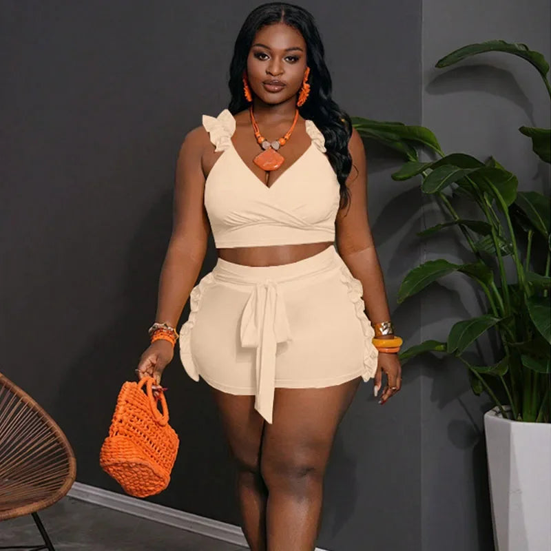 Ruffles V-neck Tank Crop Top and Lace-up Short Sets