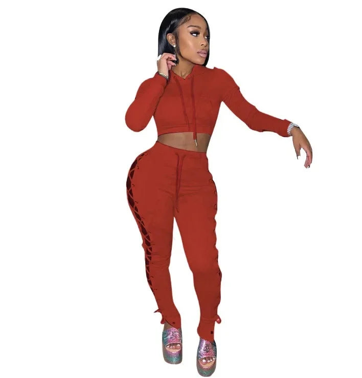 Cross-Border Tied Tops + Pants Hollow Sets(2 Piece Set)