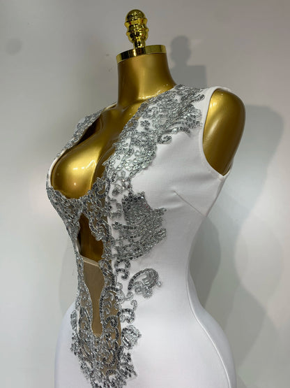 V Neck Cut Out Short Bandage Silver Sequin Elegant Dresses