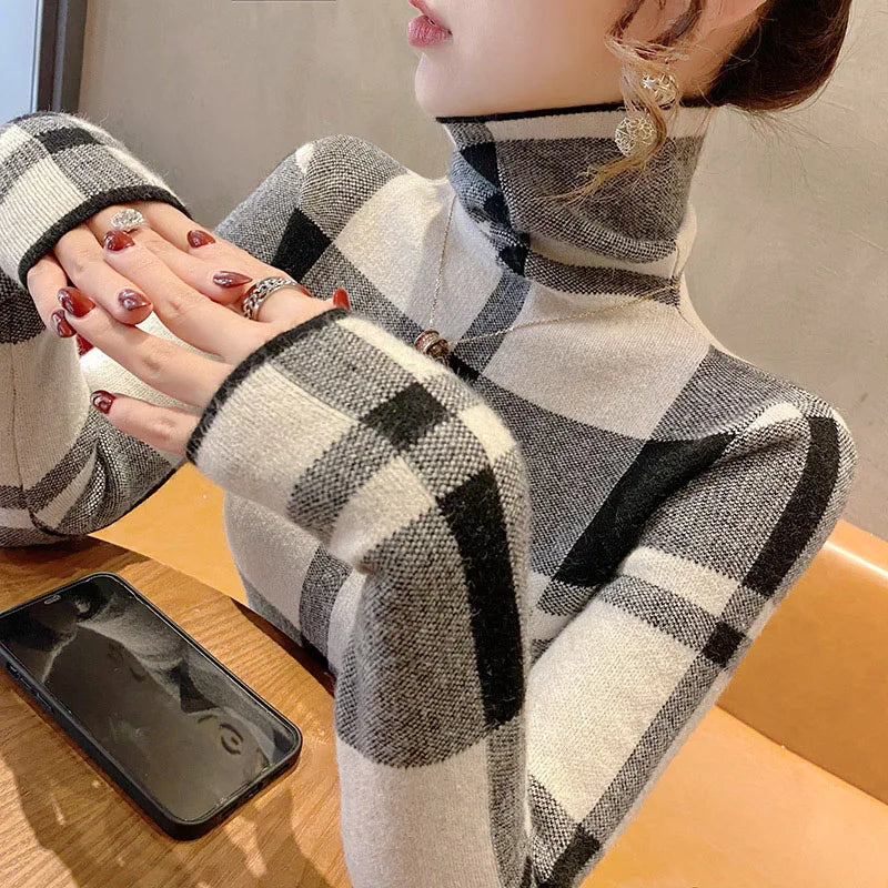 Kyli's Basic Soft Elastic Slim Turtleneck Wool Knitted Sweaters (Vintage Plaid)