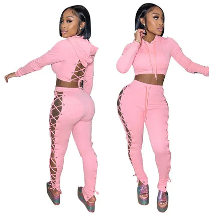 Cross-Border Tied Tops + Pants Hollow Sets(2 Piece Set)