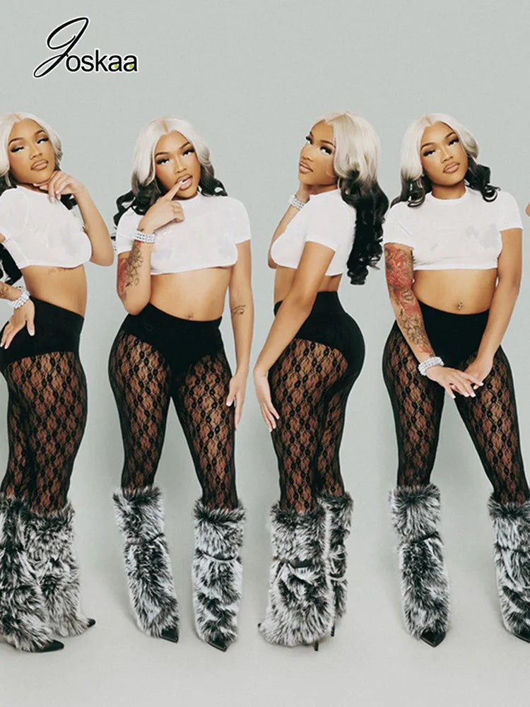 Joskaa Women's Jacquard  Lace Leggings Patchwork Sexy See Through High Waist Pencil Pants Female Bottoms Midnight Party Clubwear