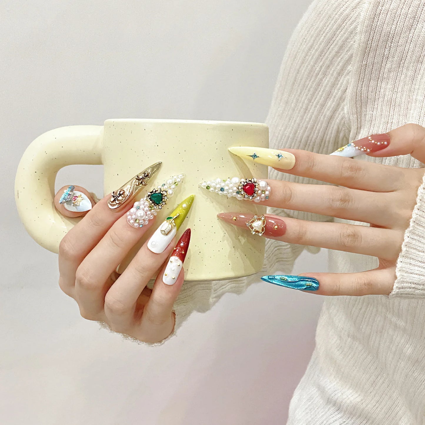 Macaron Palace Fairy Tale Dream Press On Nails Extra Long Stiletto 3D Pearl Cluster Vintage Crystal Metal Embossment Heavy Duty