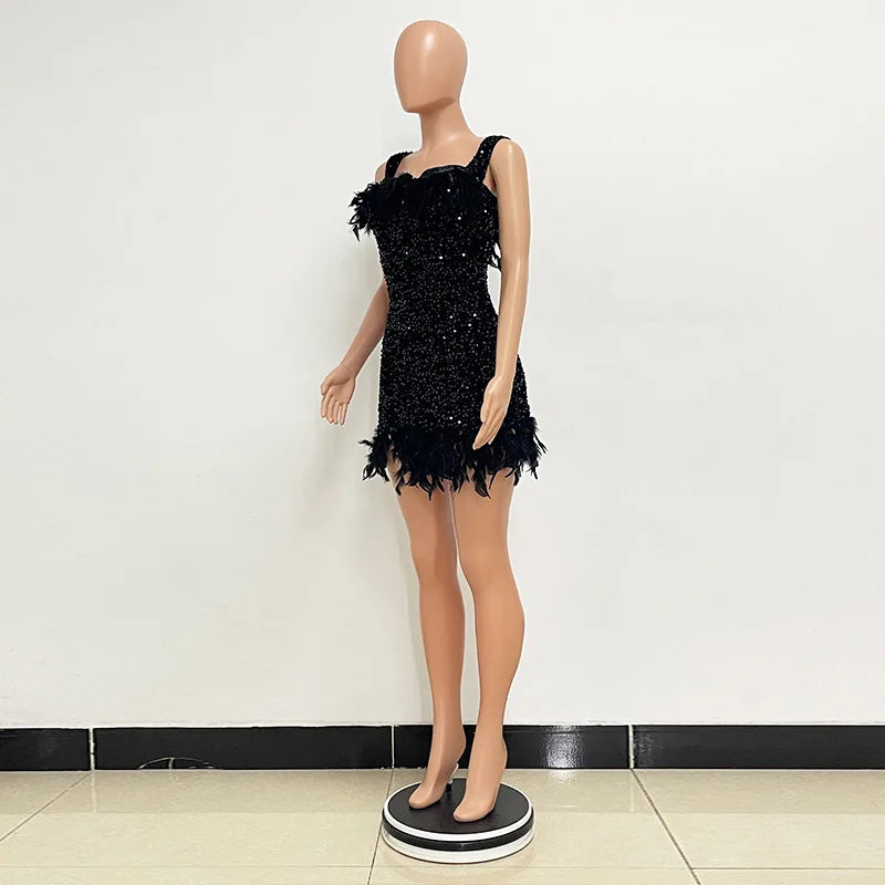 Short Sequins Halter Feathers Spicy Dresses