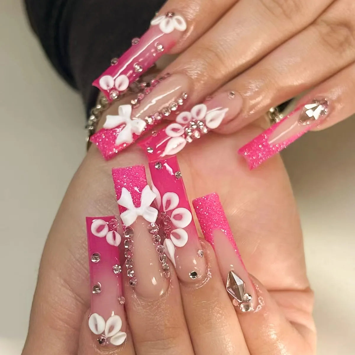 24Pcs Blue Long False Nails Butterfly Ballet French Cartoon  Wearable Fake Nails Full Cover Design Press on Nails Tips Art