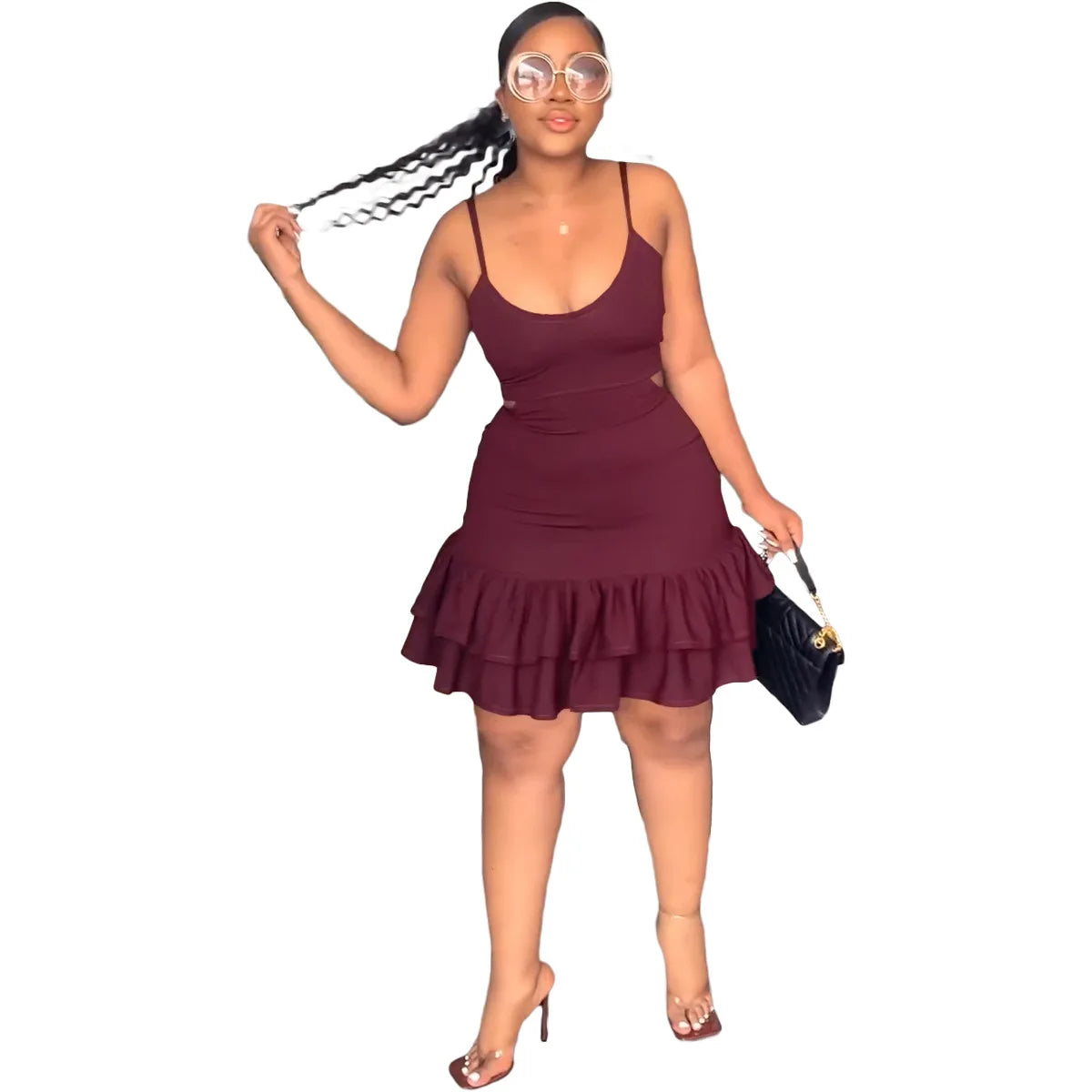 European and American Fashion Sling Low-cut Ruffled Mini Dress