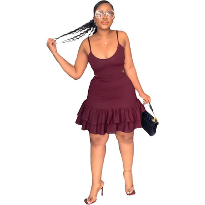 European and American Fashion Sling Low-cut Ruffled Mini Dress