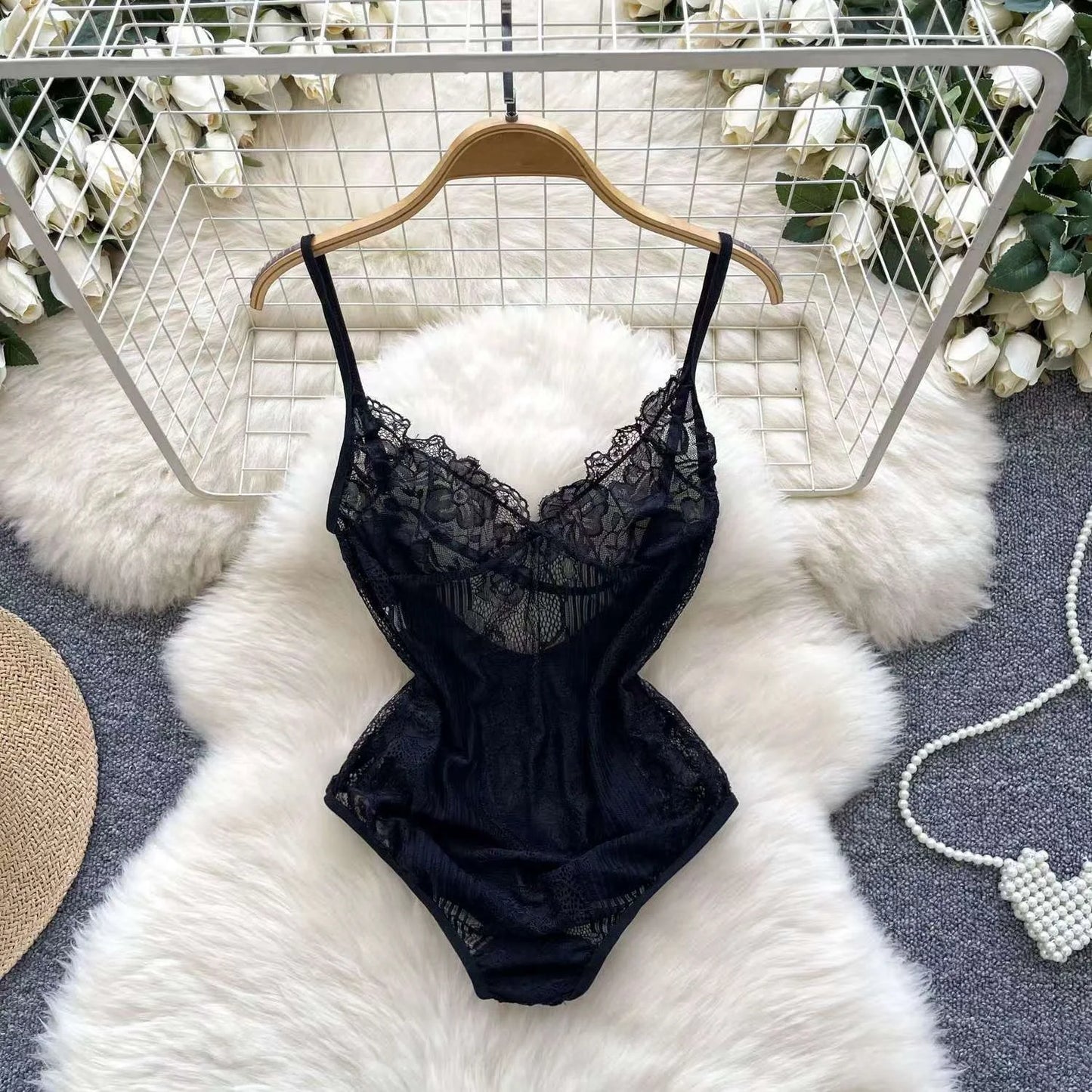 Satin Comfortable Strap Lace Spliced Sheer Lingerie