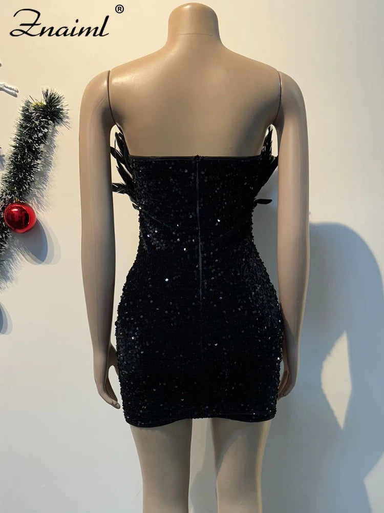 Luxury Birthday Women’s Feathers Sequin Strapless Deep V-neck Black Bodycon Mini Dresses Sexy Club Party Night Prom Robe