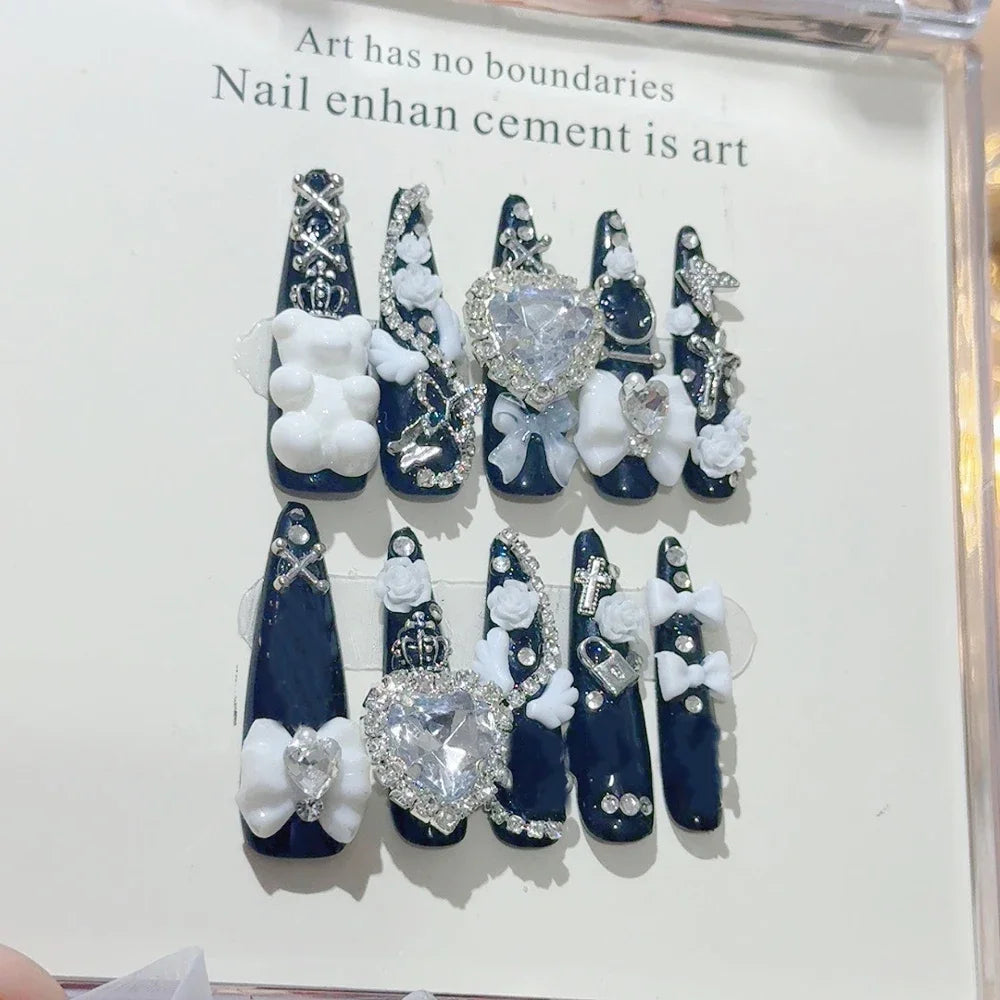3D Handmade Long Coffin Stiletto Fake Nail Flowers Cat's Heart Diamond Metal Bow