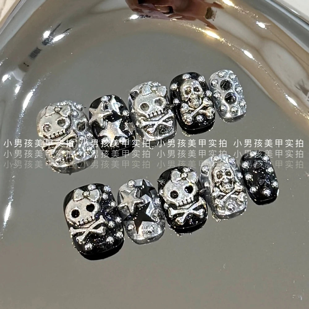 10Pcs Luxury Court Handmade Long Stiletto Full Cover Nails 3D Spice Girl Sparkling Diamond Bow Pearl Flowers Wearable Fake Nails