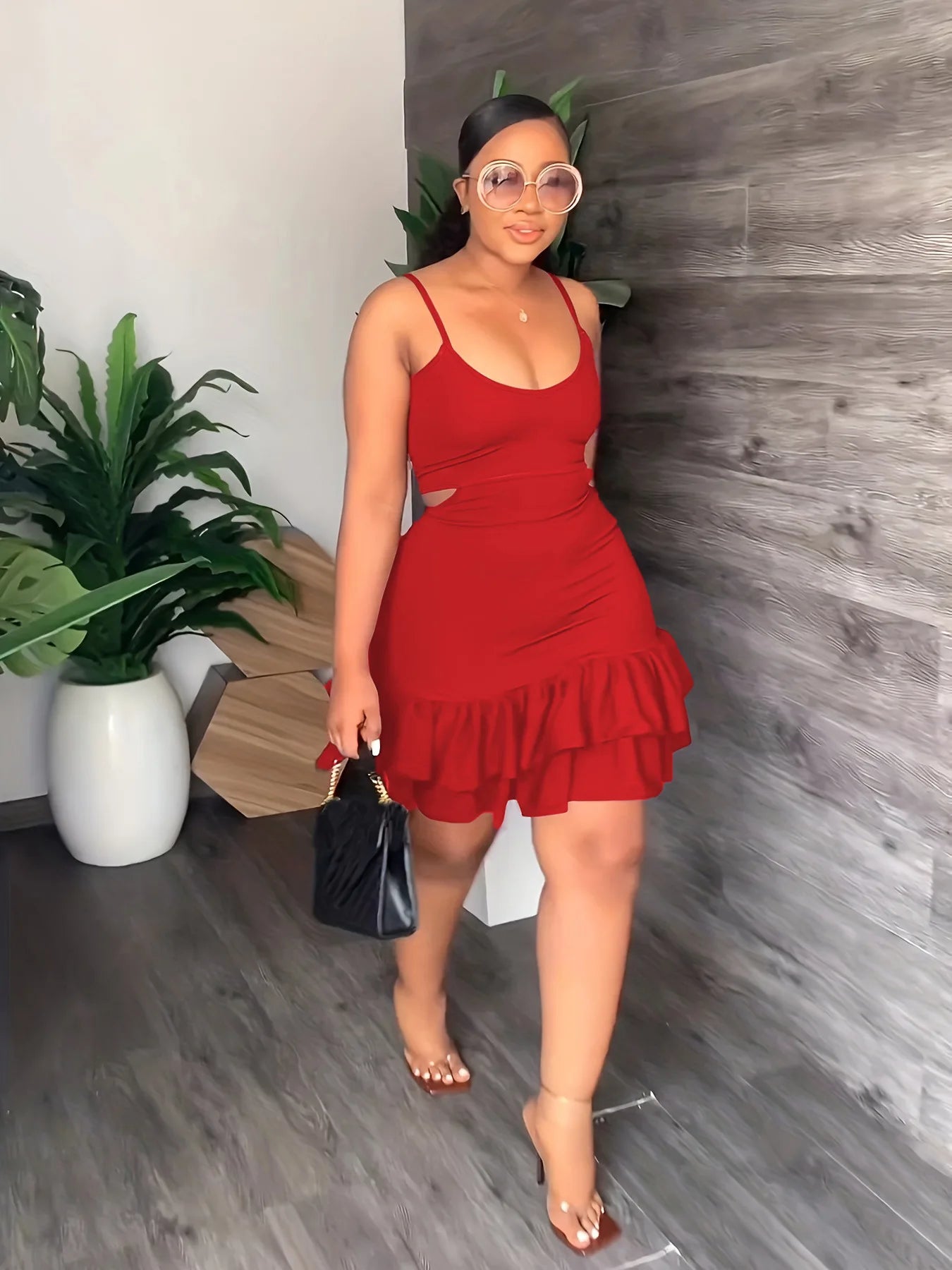 European and American Fashion Sling Low-cut Ruffled Mini Dress