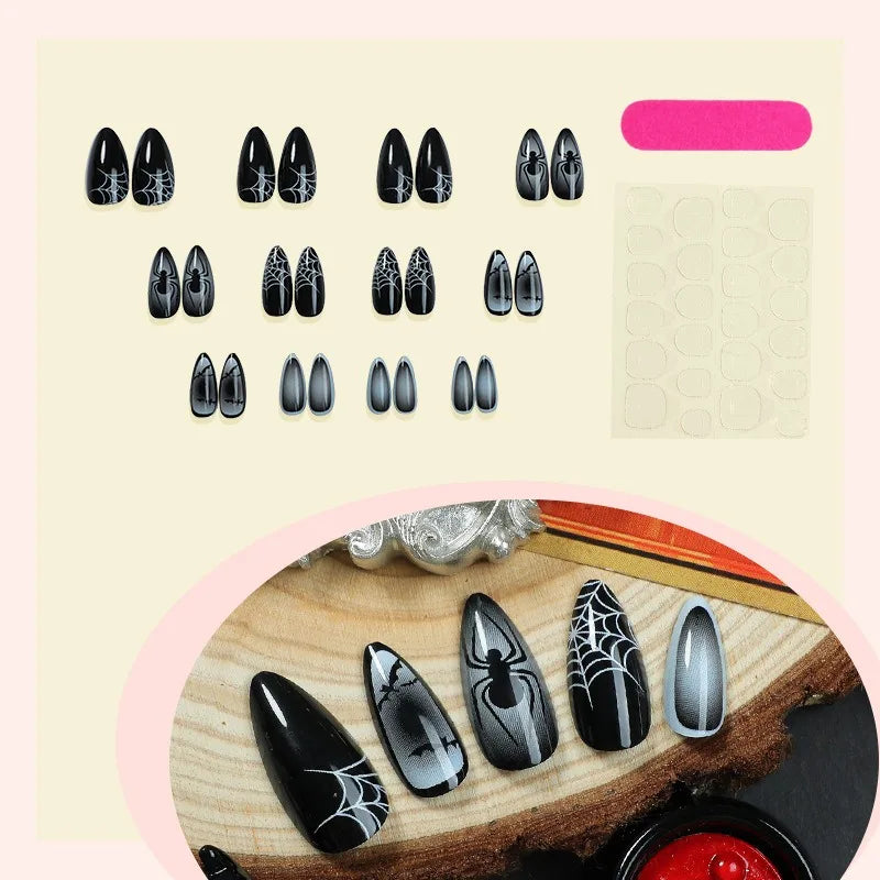 24PCS  Halloween False Nails Simple Dark Black Gradient with Spider Web Patterns French Fake Nails