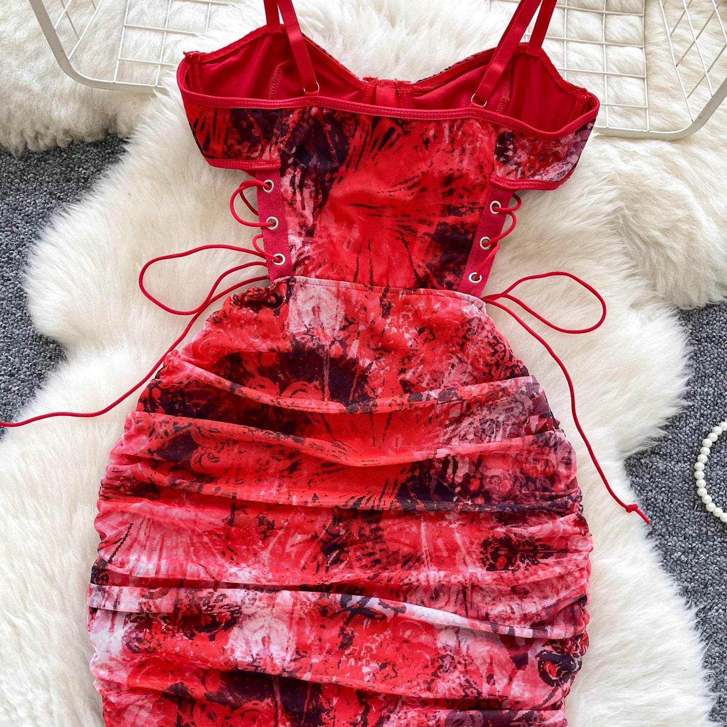 Strapless Lace Up Hollow Out Design Pleated Bodycon Dresses